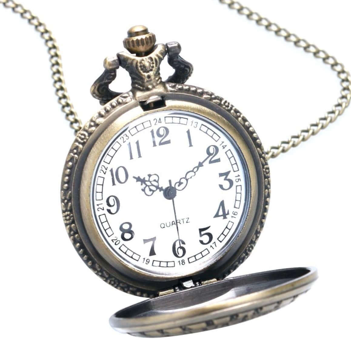 Antique bronze pocket watch with open face on chain.
