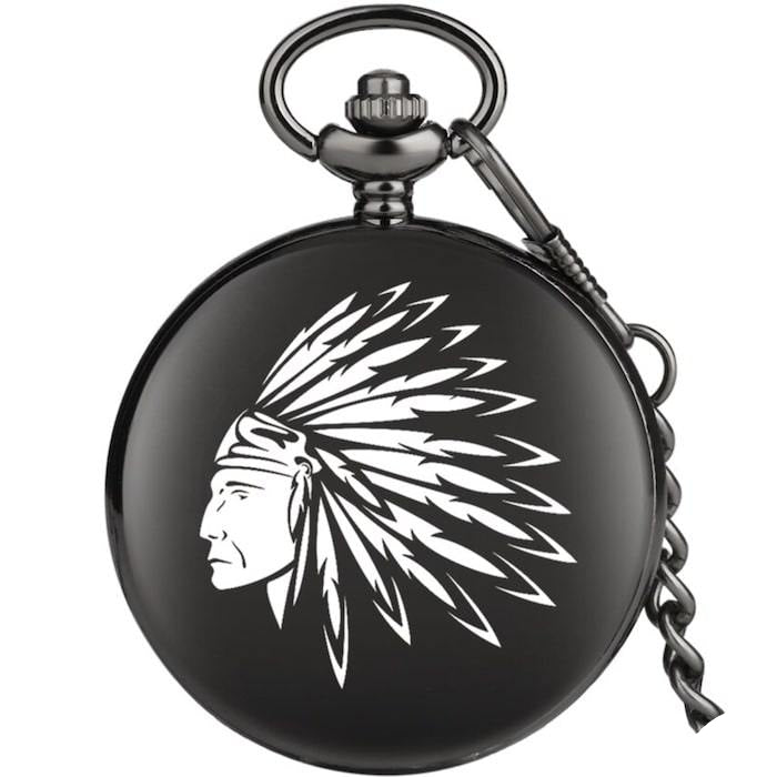 Black pocket watch with an Indigenous headdress design.
