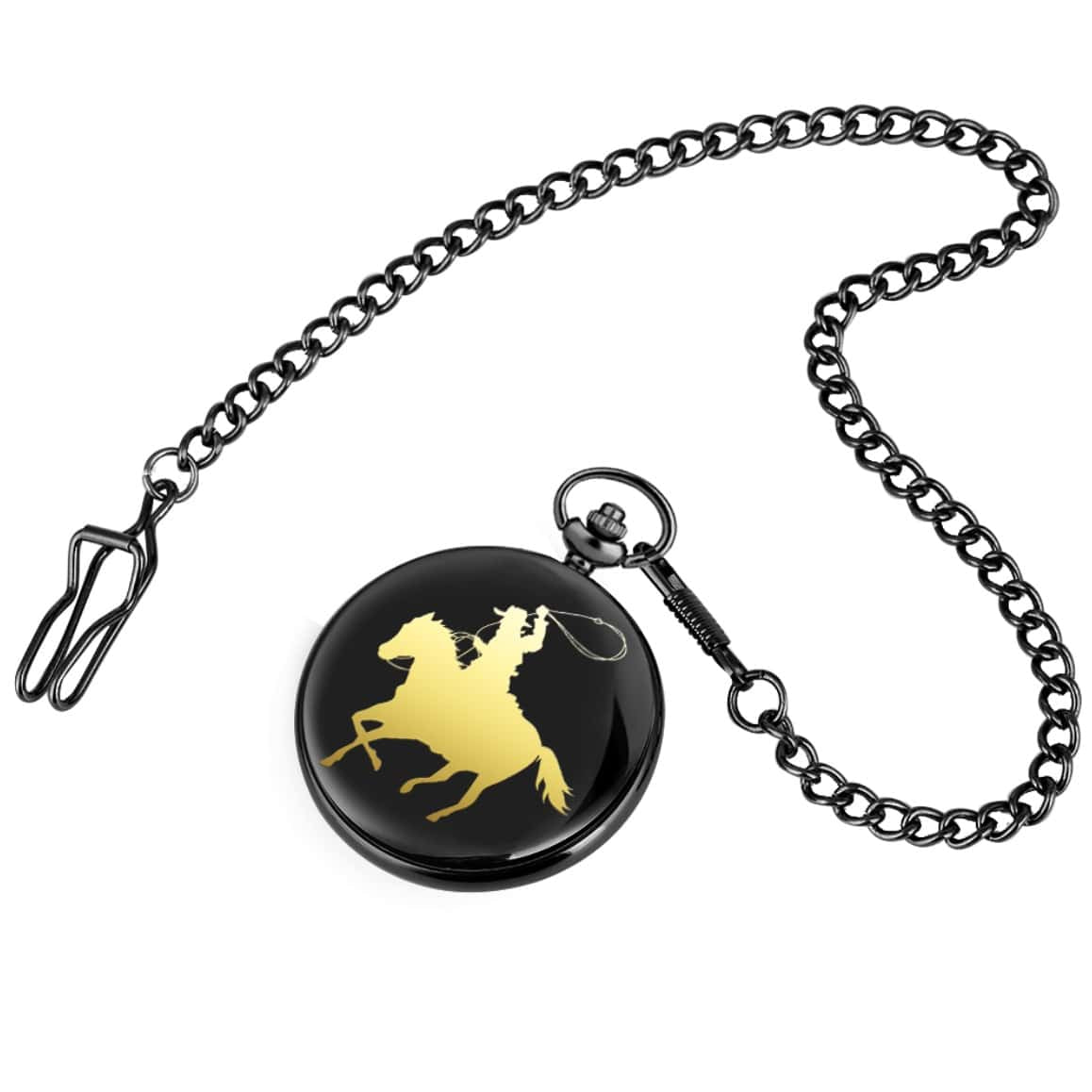 Black pocket watch with gold cowboy and horse design, attached to a black chain.
