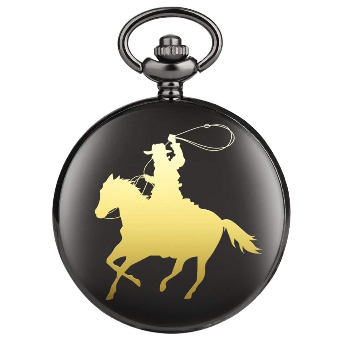 Black pocket watch with a golden cowboy and horse design.
