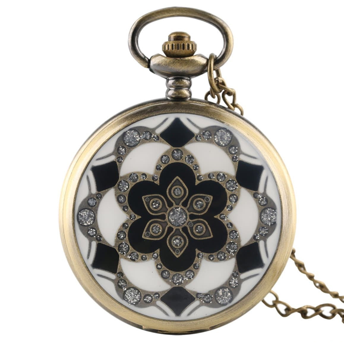 Antique gold-tone pocket watch with a white face, black and white floral design, and crystal accents.