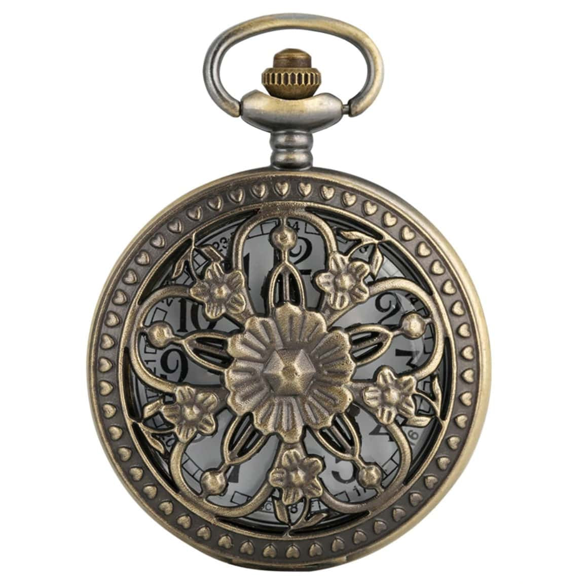 Close-up of an antique gold pocket watch with floral details on a white background.