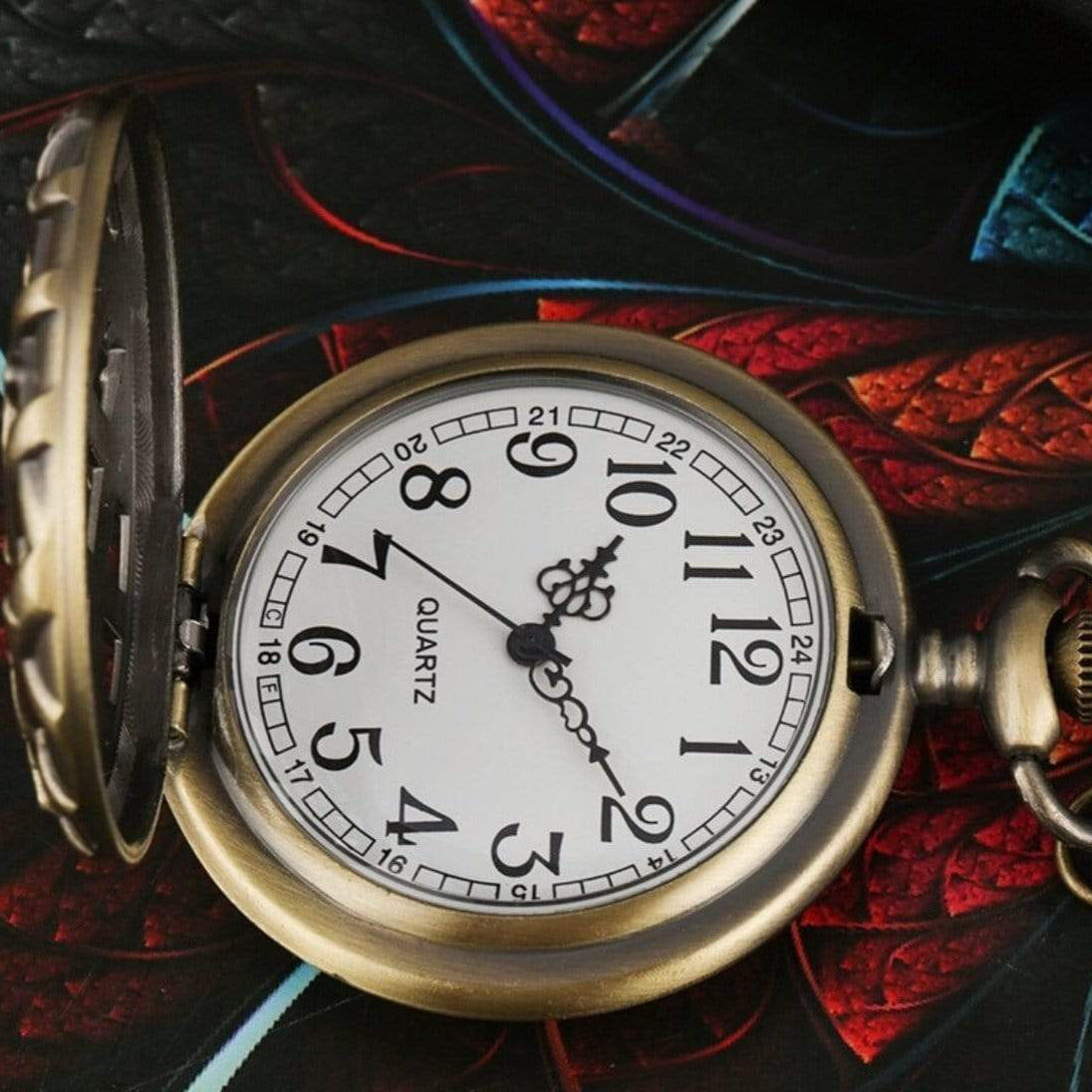 Close-up of antique-style brass pocket watch with open lid. Quartz movement with white face and black numerals.