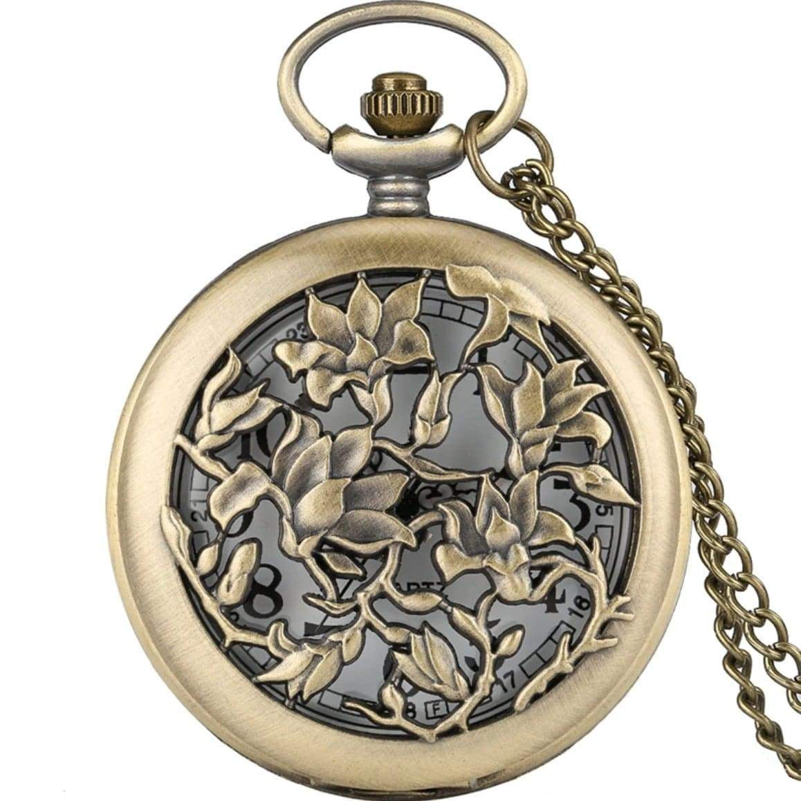 Close-up of a vintage-style brass pocket watch with a floral design, a chain, and a decorative knob.