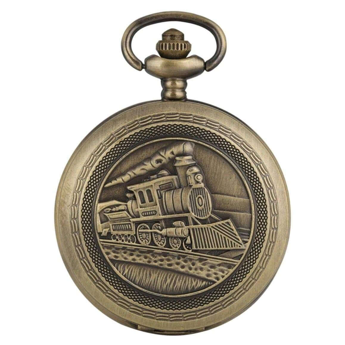 Antique bronze pocket watch with train engraving.
