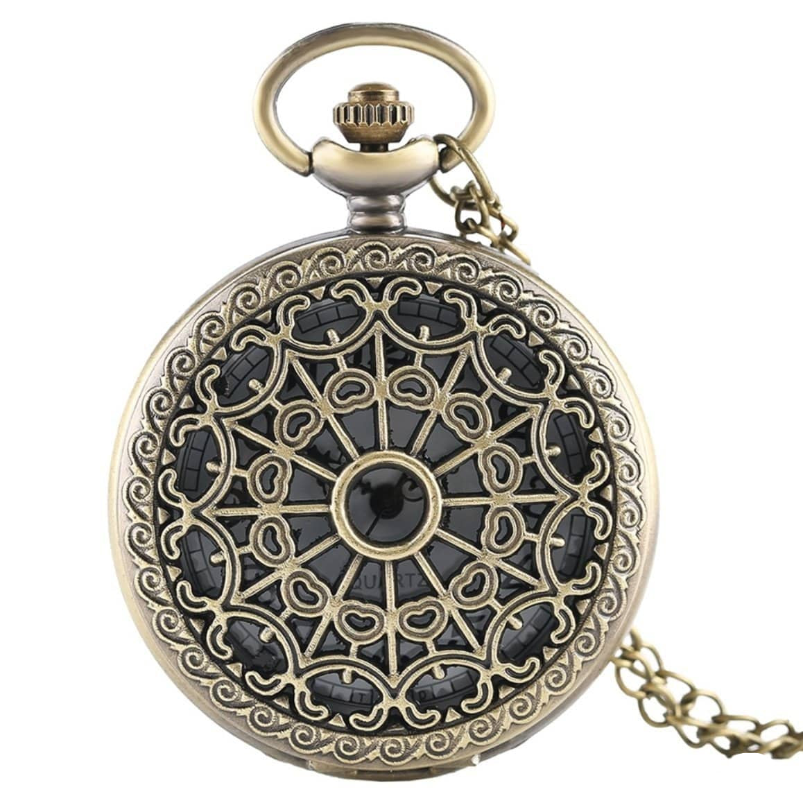 Bronze pocket watch with decorative face and chain.