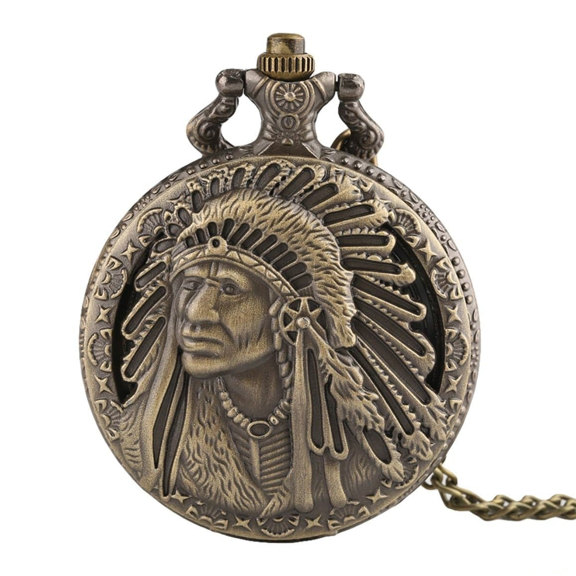 Antique bronze pocket watch with a Native American headdress design.
