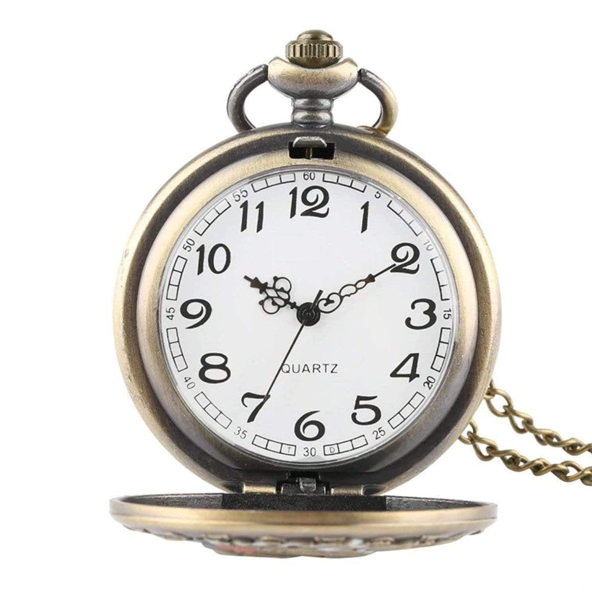 Close-up of an open, bronze-toned pocket watch with a white face and black numerals, displaying "Quartz" on its face and attached to a chain.
