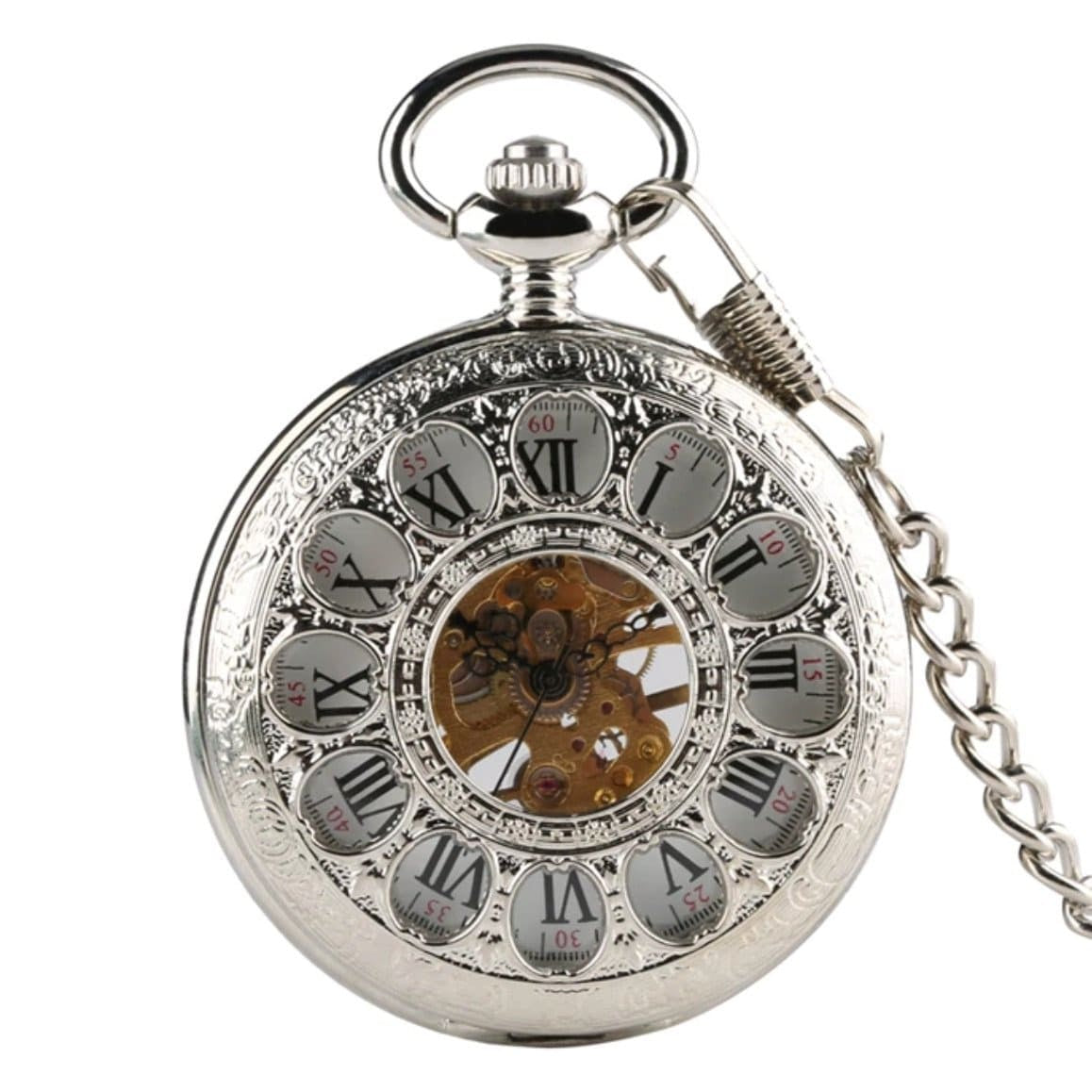 Silver pocket watch with roman numerals and visible gears.
