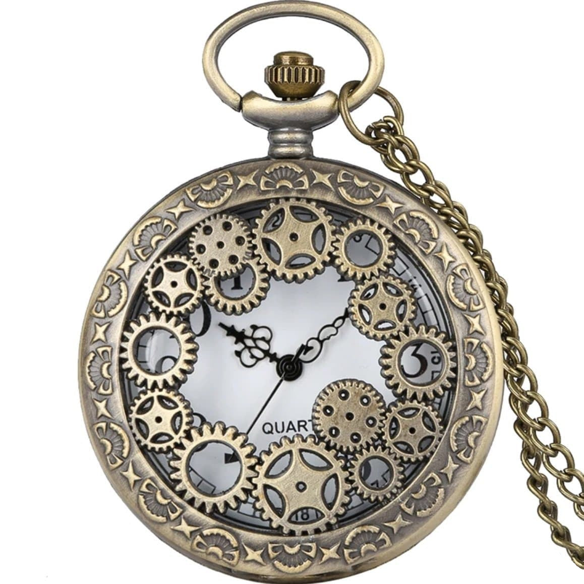 Antique bronze pocket watch with visible gears and a chain. 
