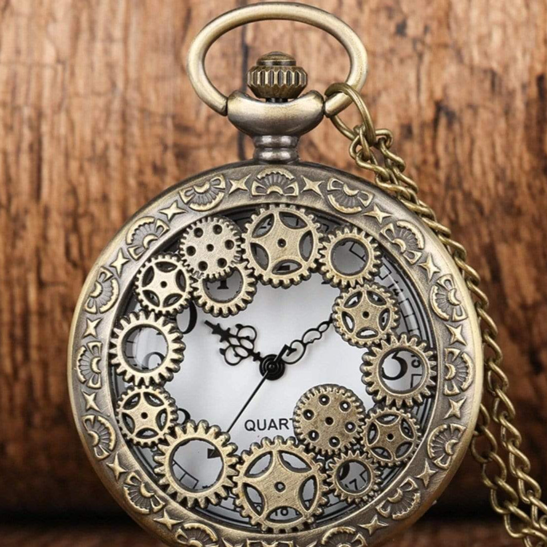 Antique bronze pocket watch with decorative gears and chain.
