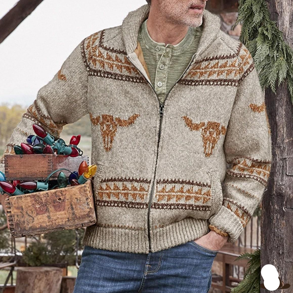 Man in a hooded, zip-up cardigan with steer skull and geometric patterns, holding a wooden crate full of Christmas lights, wearing jeans.
