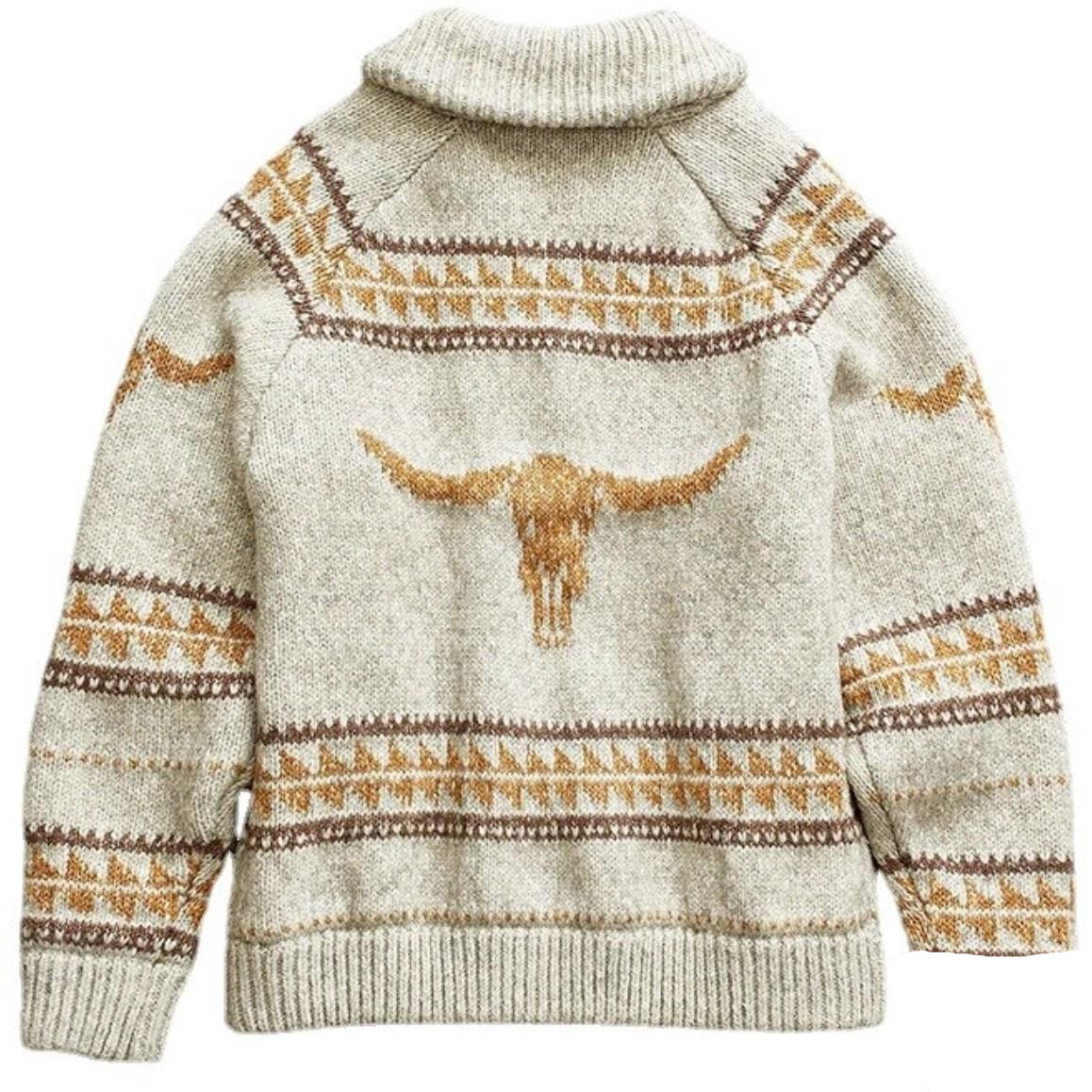 Tan knit sweater with a steer skull.