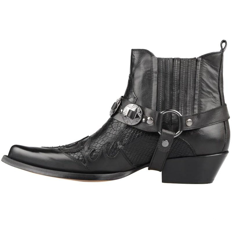 Black leather cowboy ankle boot with harness.