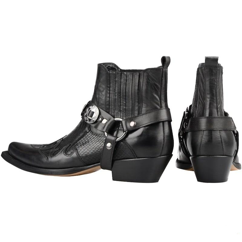 Two black leather cowboy boots.