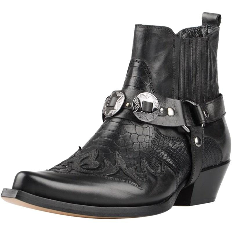 Black leather cowboy boot with harness.