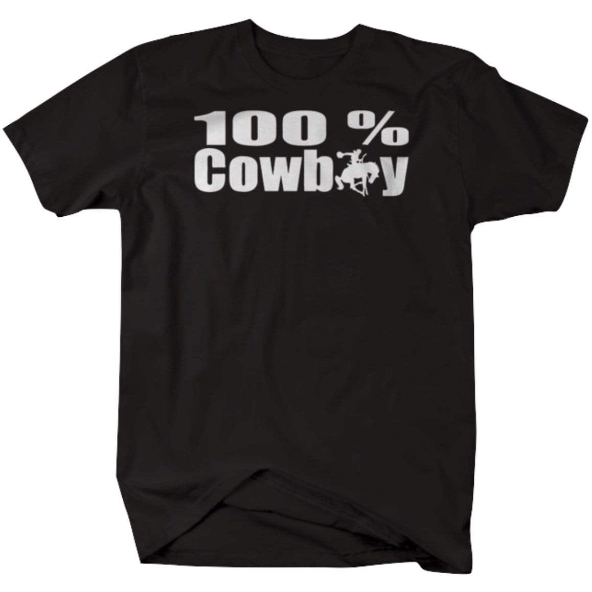 Black t-shirt with white "100% Cowboy" graphic.
