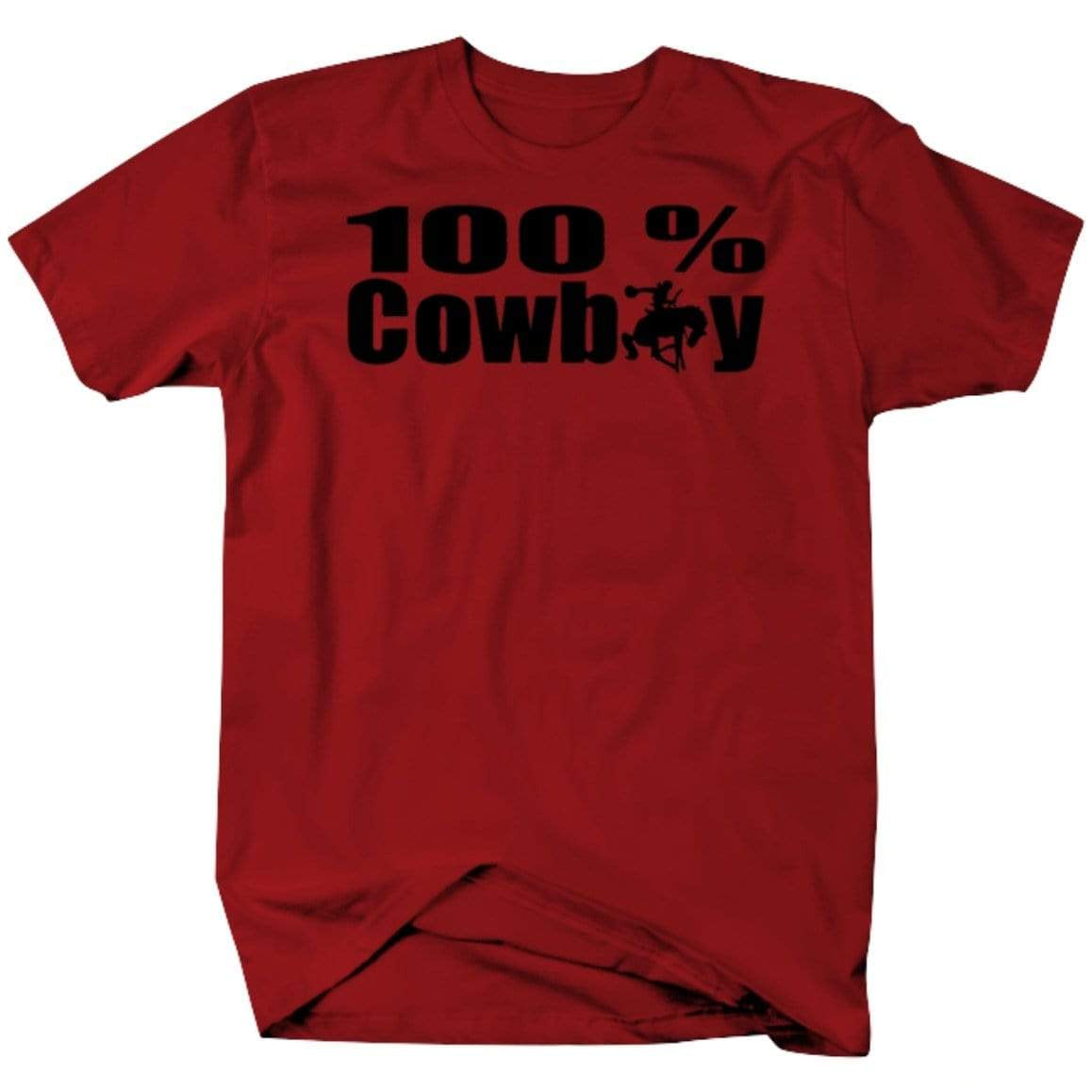 Red t-shirt with "100% Cowboy" graphic.