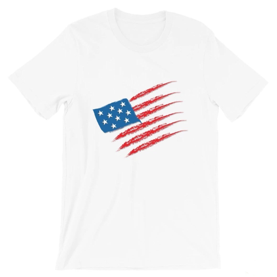White t-shirt with distressed American flag design.