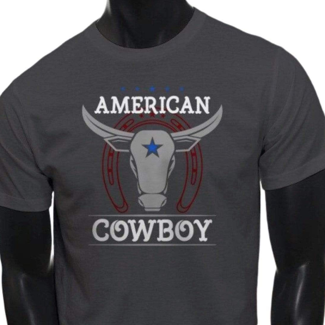 Gray T-shirt with "American Cowboy" text and a bull graphic.