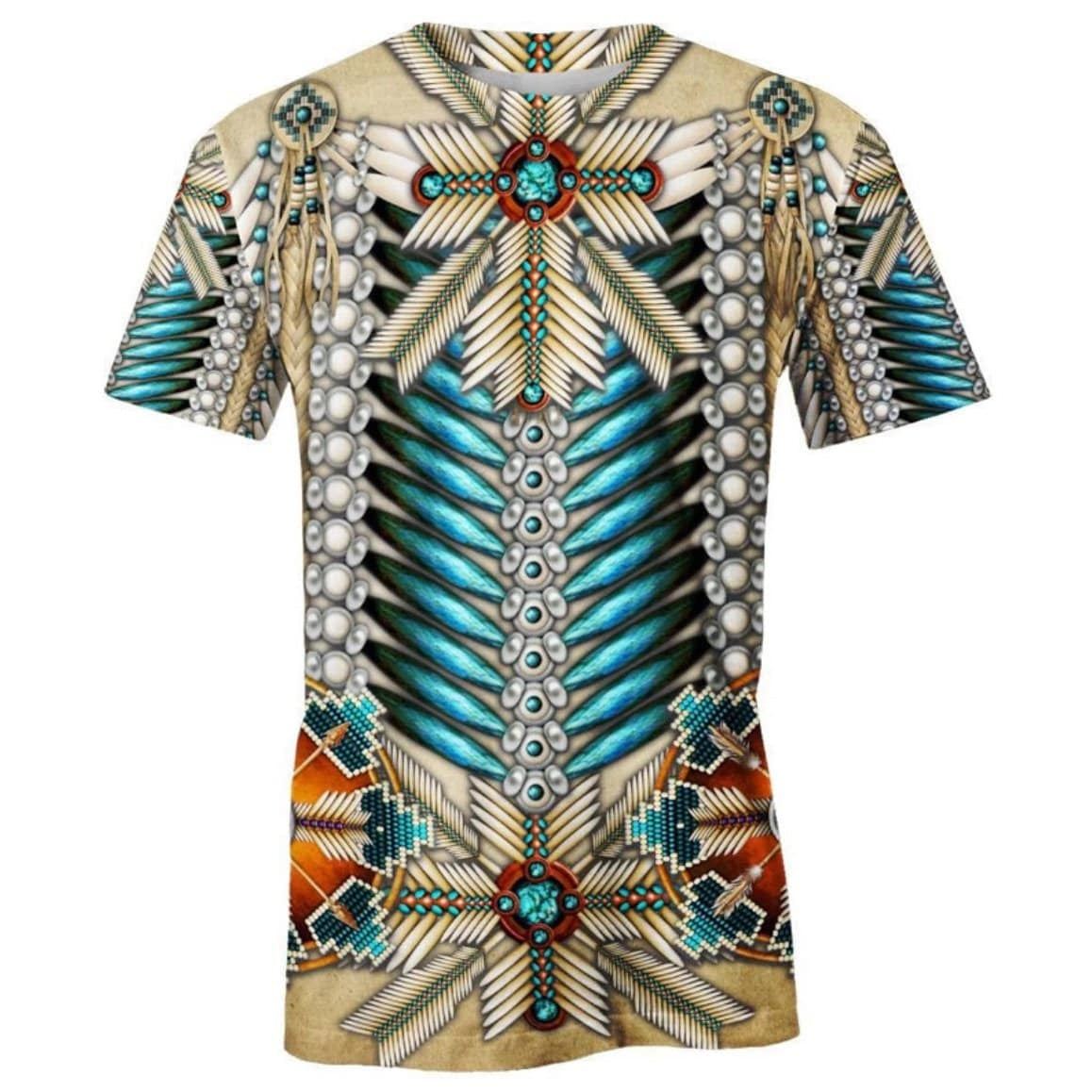 T-shirt featuring Native American-inspired design.