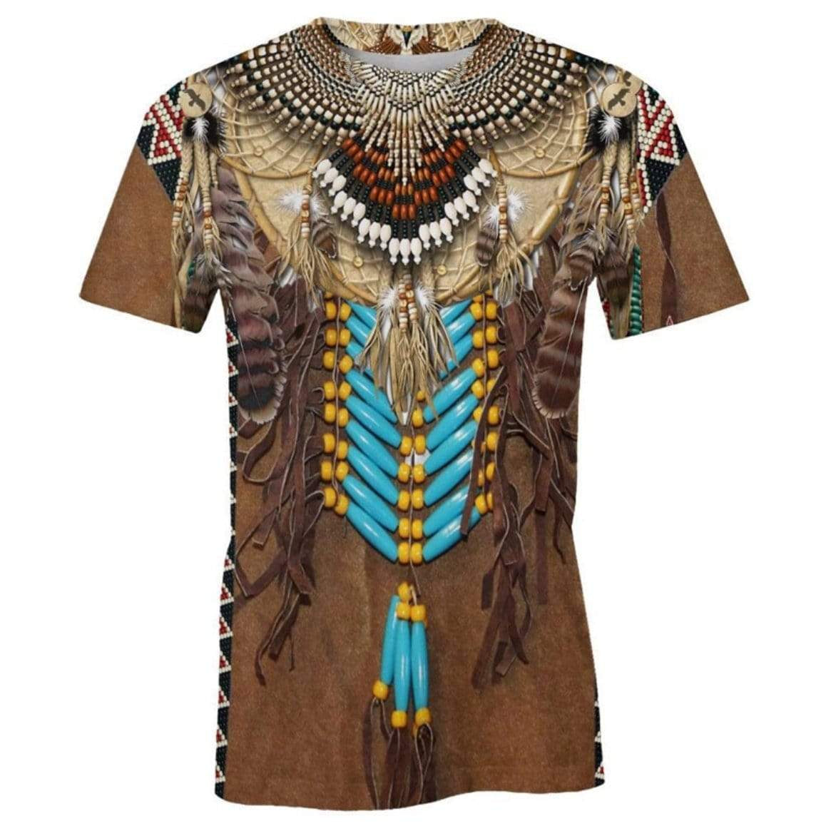 Brown t-shirt with a Native American-inspired beaded design.