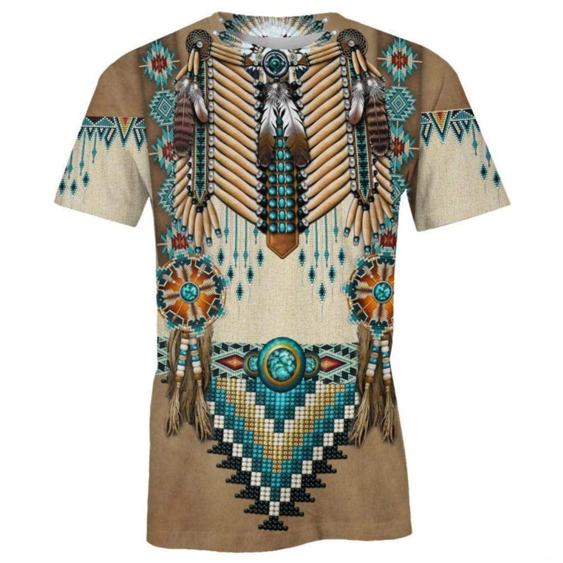 A brown t-shirt with a Native American-inspired design.