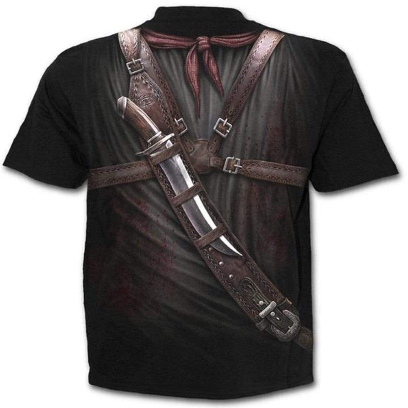 Black t-shirt with graphic of a knife and harness.