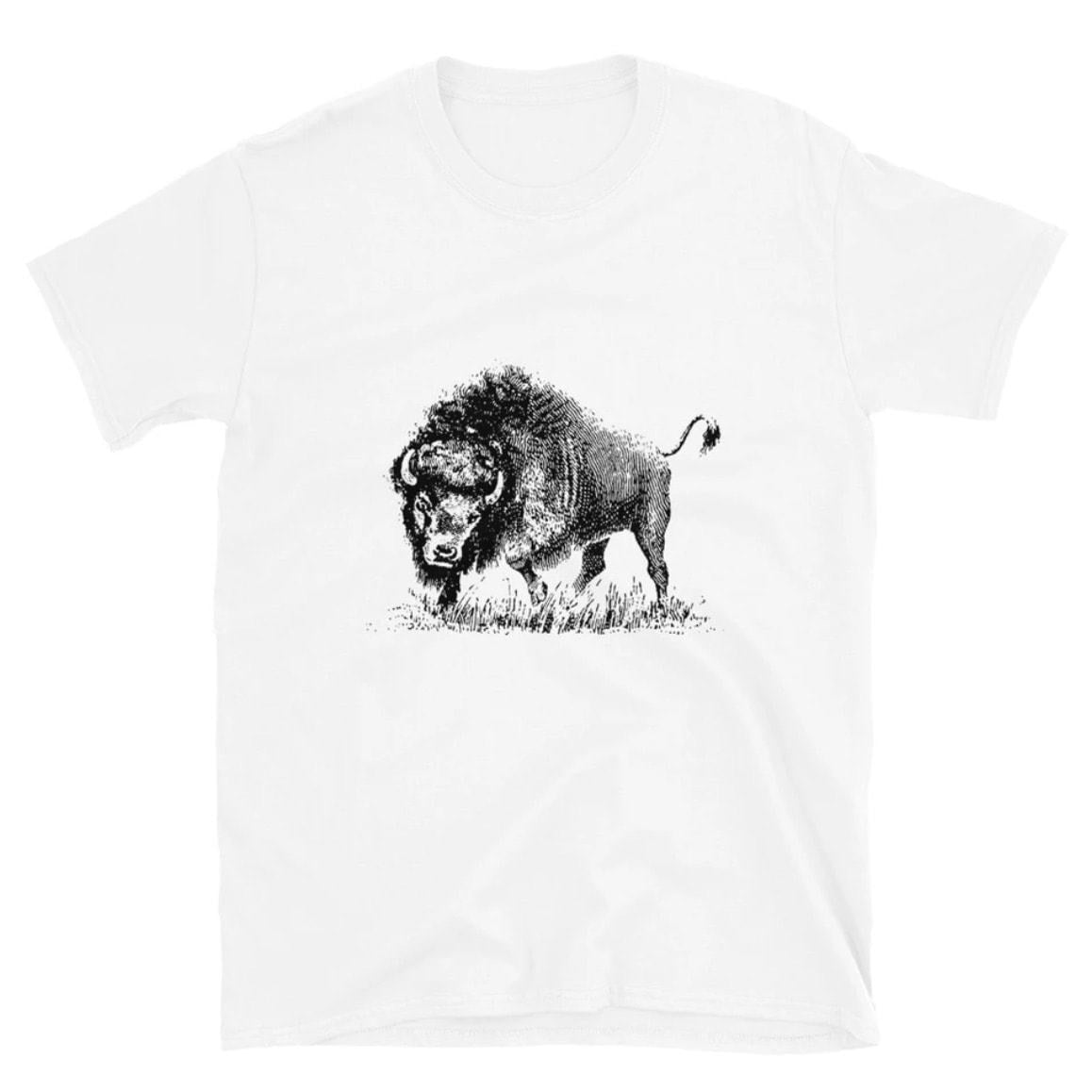 White t-shirt with a black and white bison graphic.