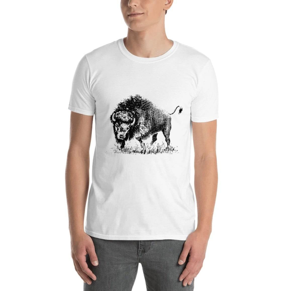 A man in a white t-shirt with a black buffalo graphic and gray pants.