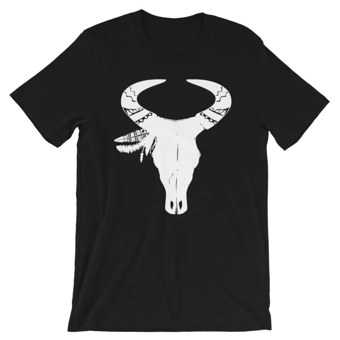 Black t-shirt with a white bull skull graphic.