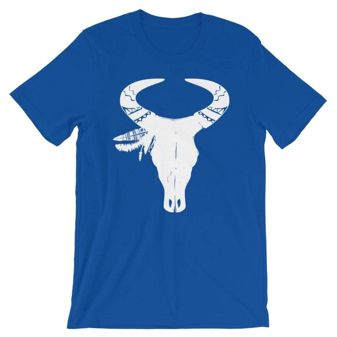 Blue t-shirt with white graphic of steer skull and feathers.