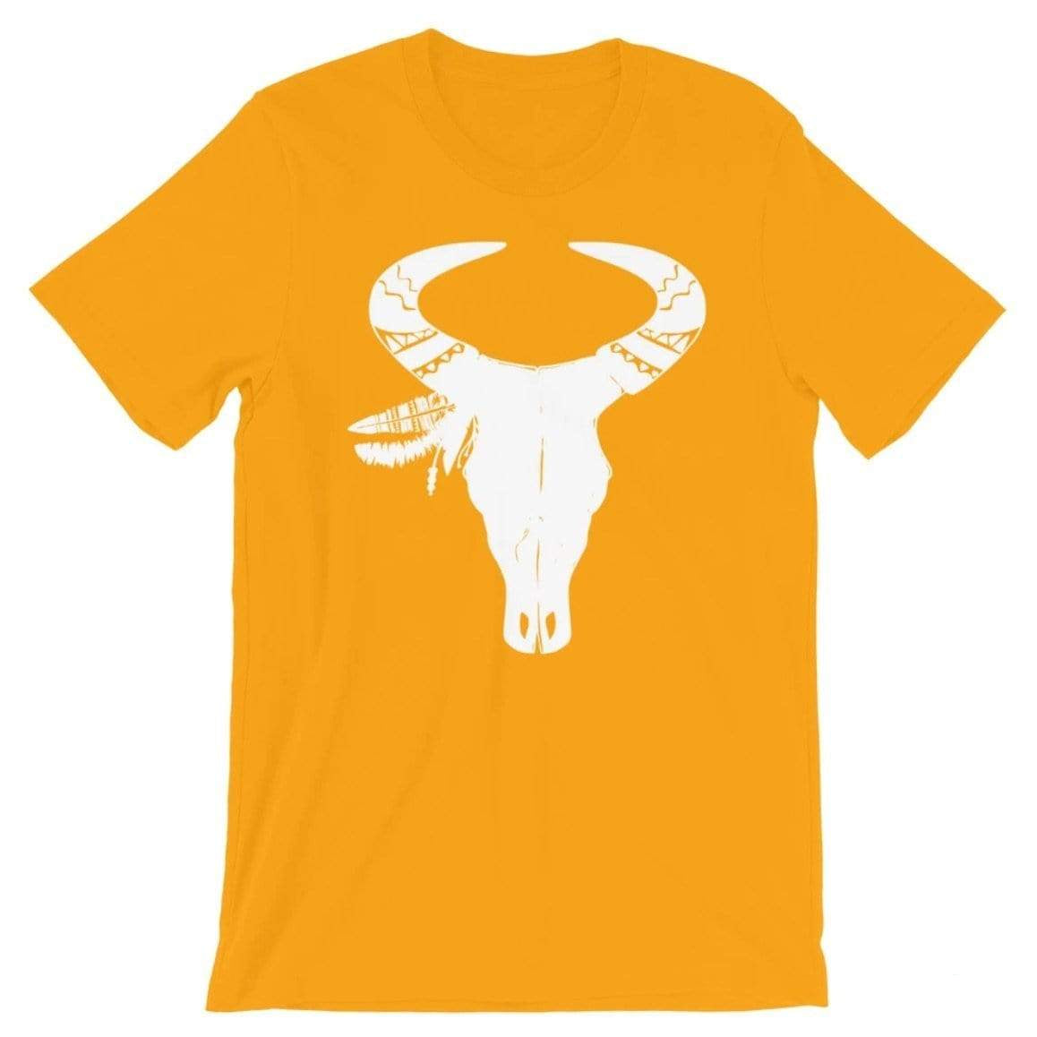 Mustard yellow t-shirt with white cow skull design.