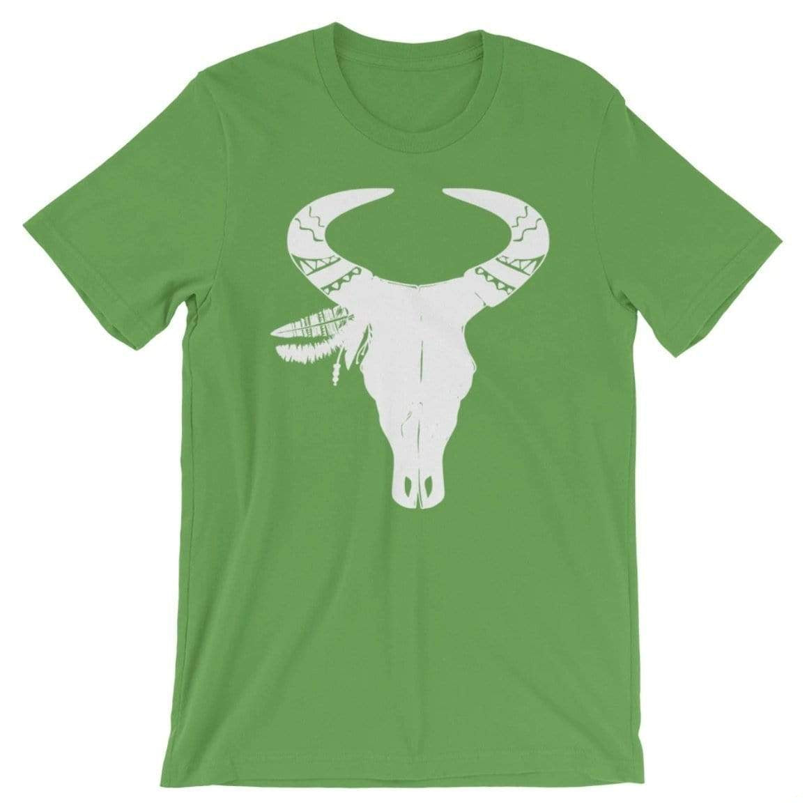 Green t-shirt with a white steer skull graphic.
