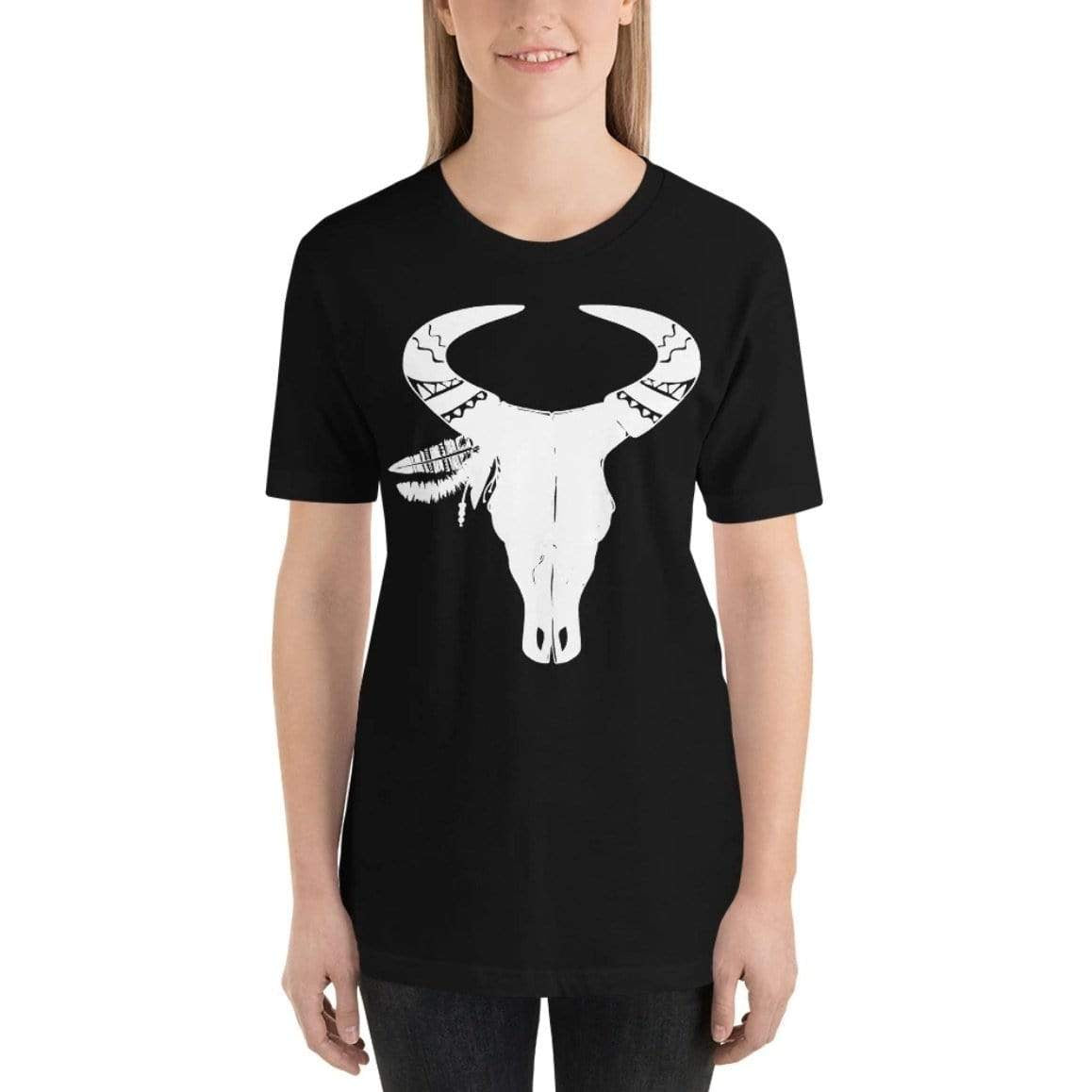 A woman wearing a black t-shirt with a white bull skull design.