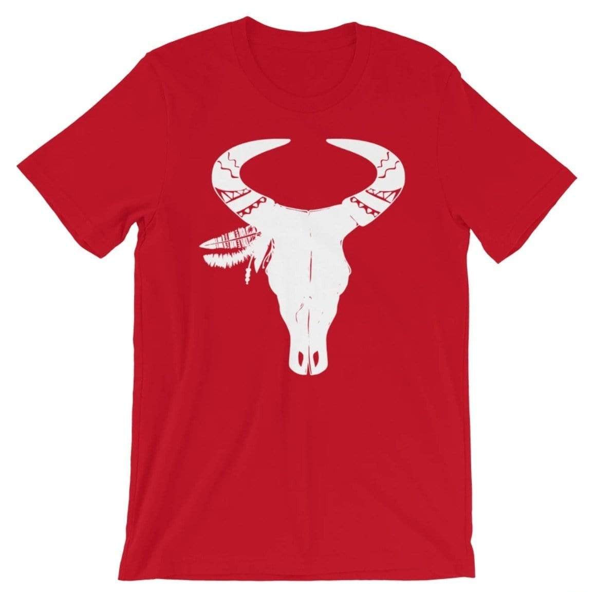 Red t-shirt with a white bull skull design.
