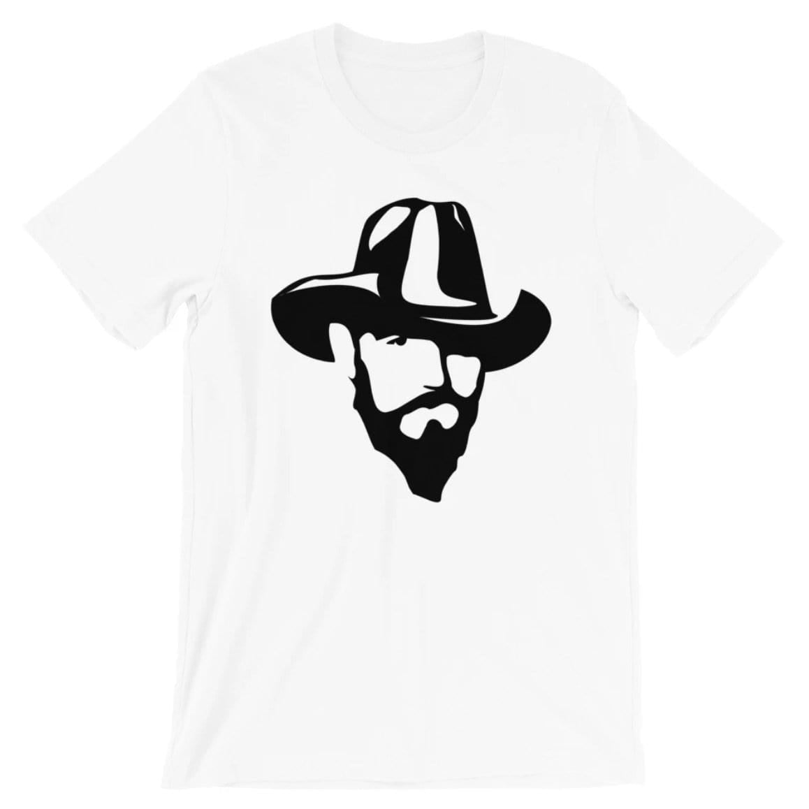 White t-shirt with a black graphic of a man wearing a cowboy hat and beard.
