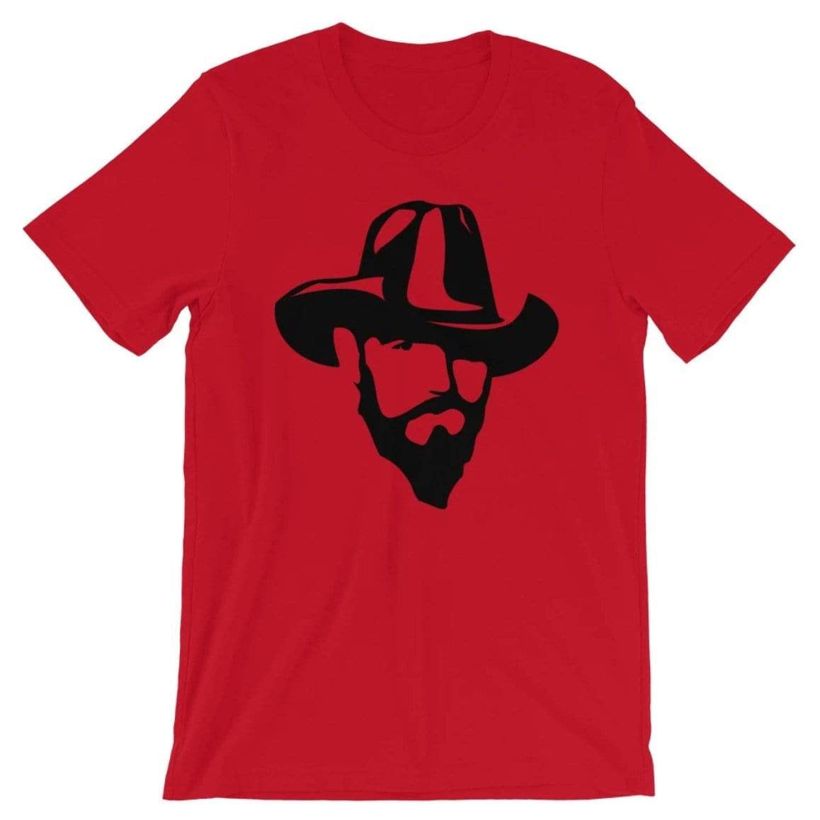 Red t-shirt with black cowboy silhouette.