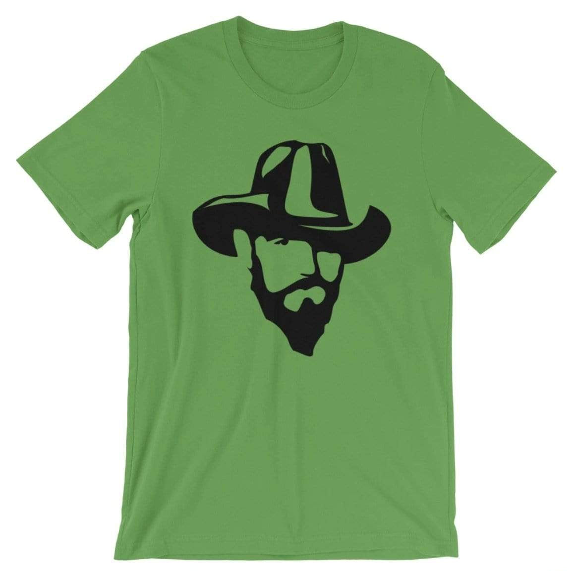 Green t-shirt with black cowboy illustration.
