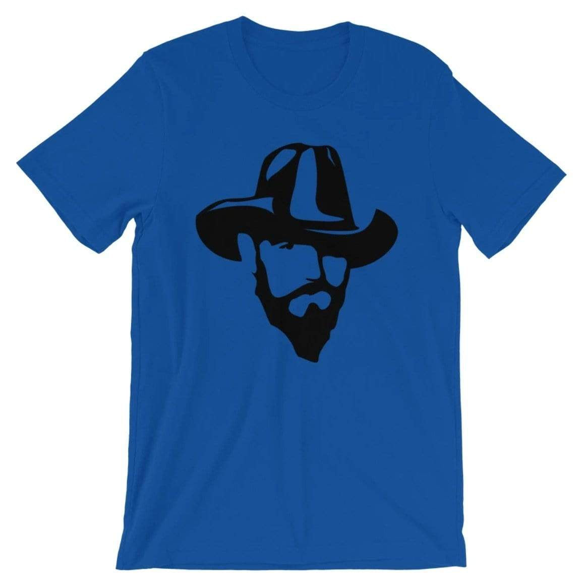 Blue t-shirt with black silhouette of a man wearing a cowboy hat and beard.

