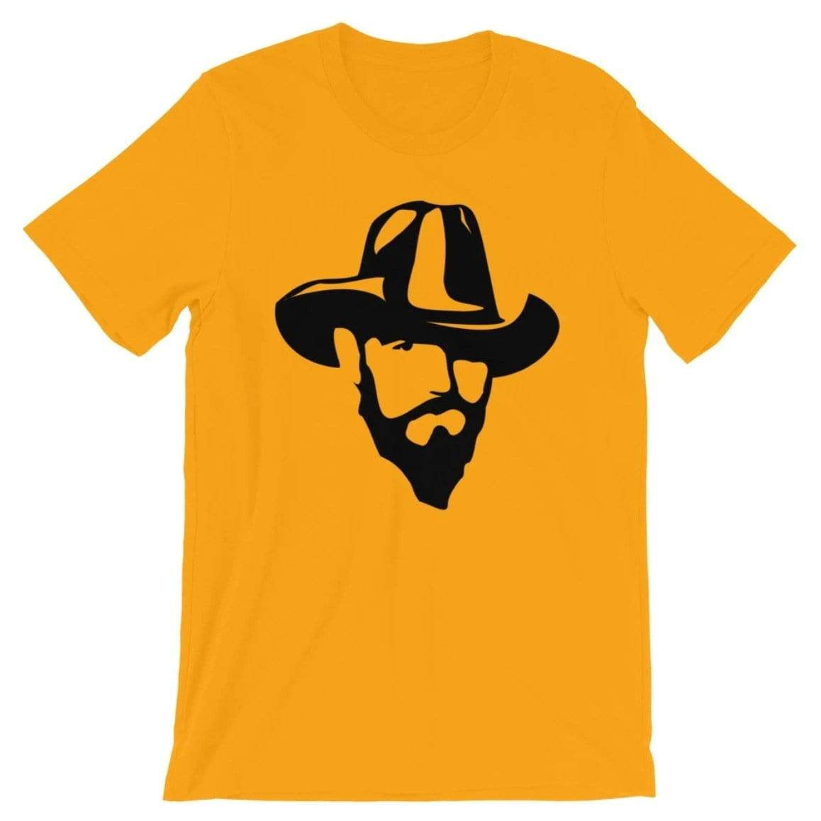 Mustard yellow t-shirt with a black silhouette of a man with a hat and beard.