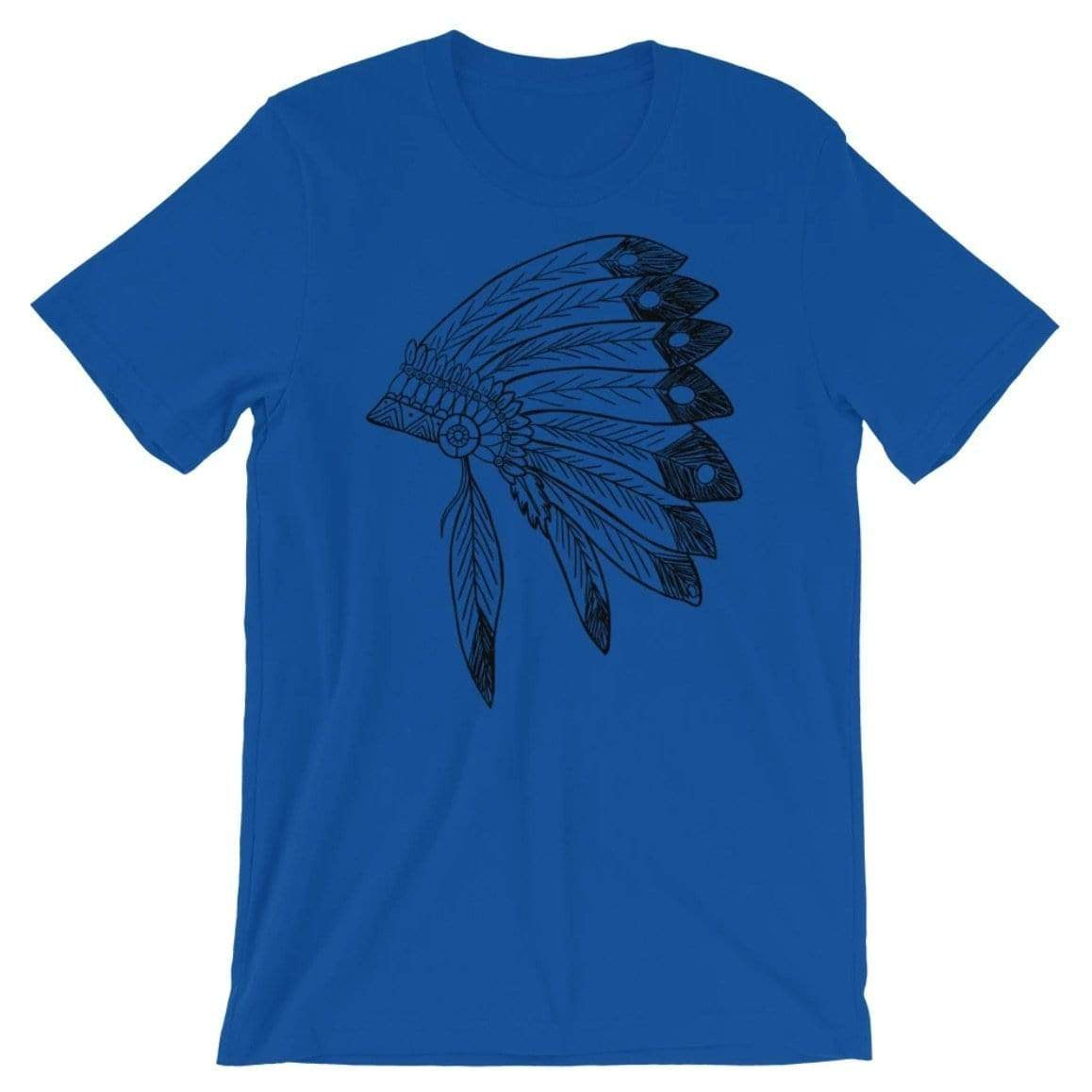 Blue t-shirt with Native American headdress print.