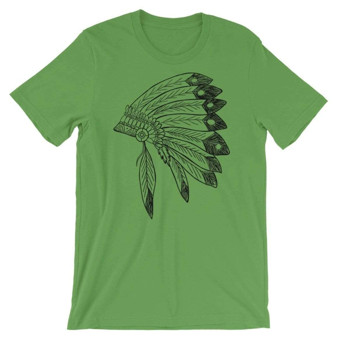 Green t-shirt with black Native American headdress design.
