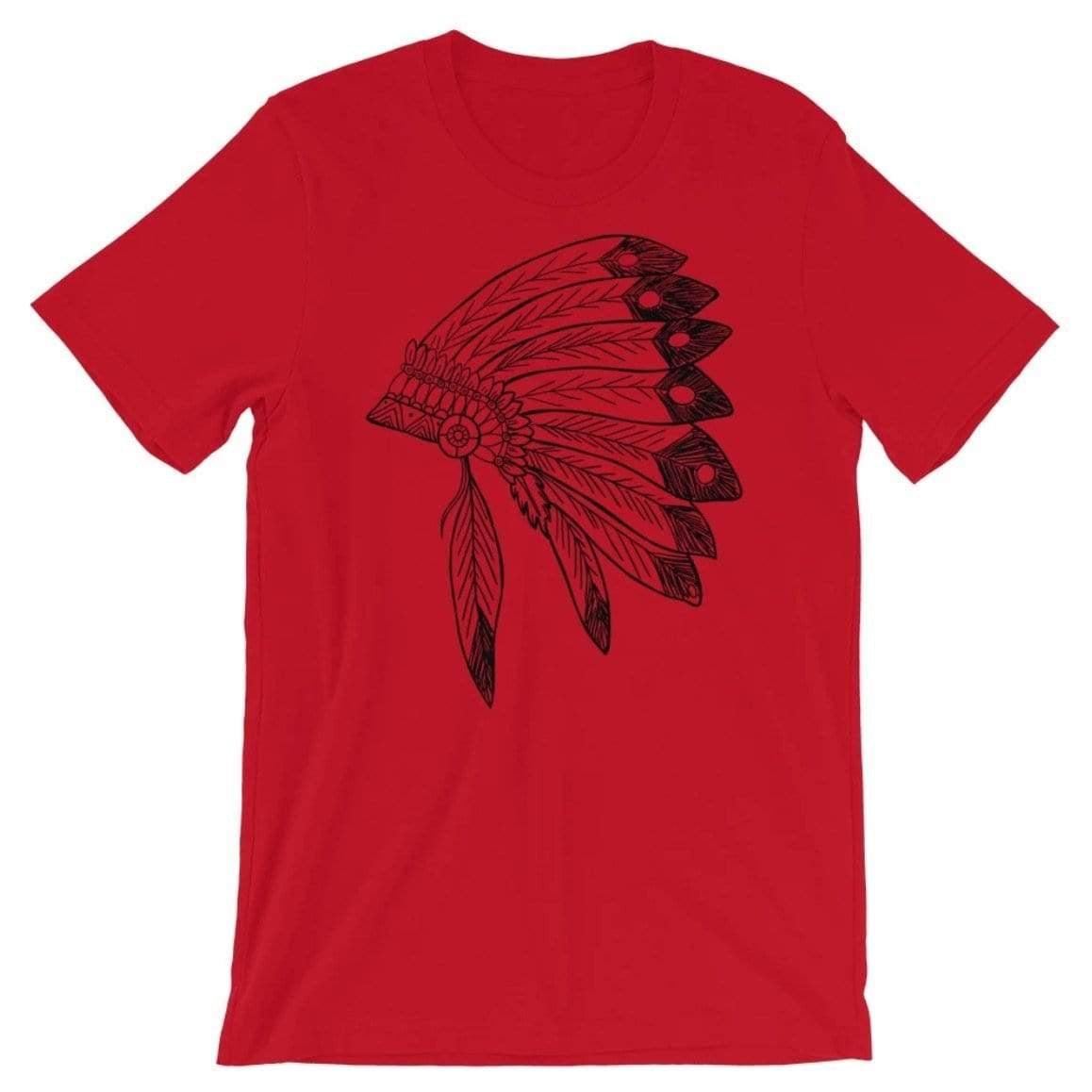 Red t-shirt with a black Native American headdress graphic.