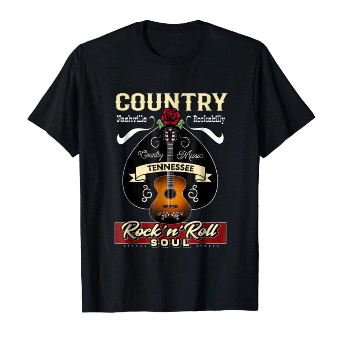 Black t-shirt with "Country Nashville Rockabilly" text, guitar graphic, and "Rock 'n' Roll Soul" text.
