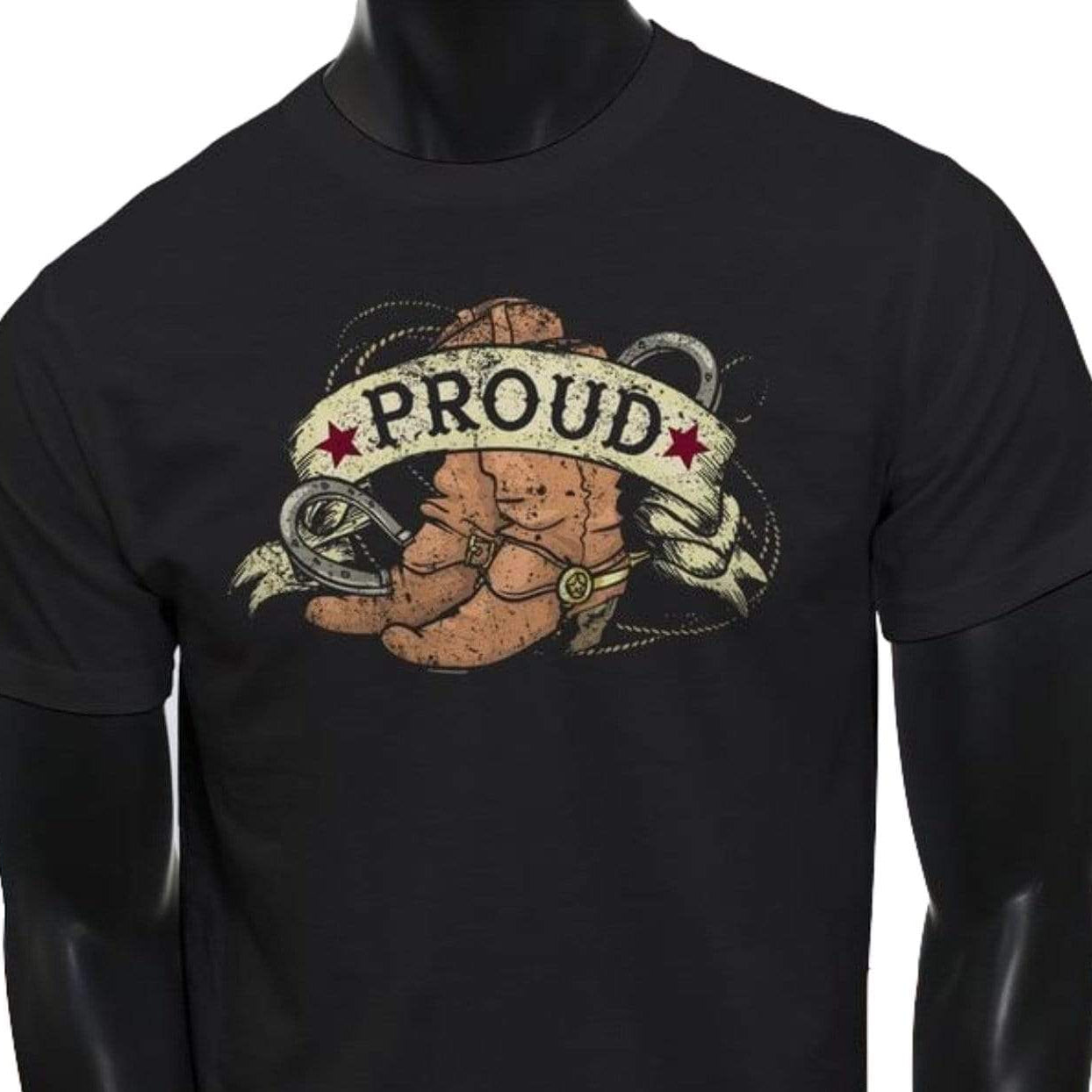 Black t-shirt featuring a tattoo-style design with the word "PROUD" in a banner, and a fist clenched around a horseshoe.