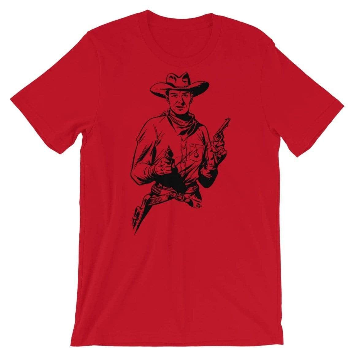 Red T-shirt with a black cowboy design.