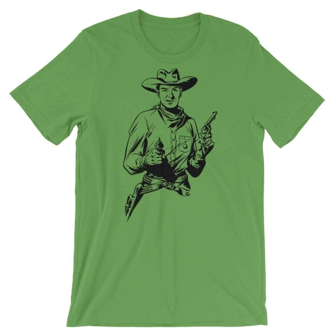 Green t-shirt with black cowboy graphic.