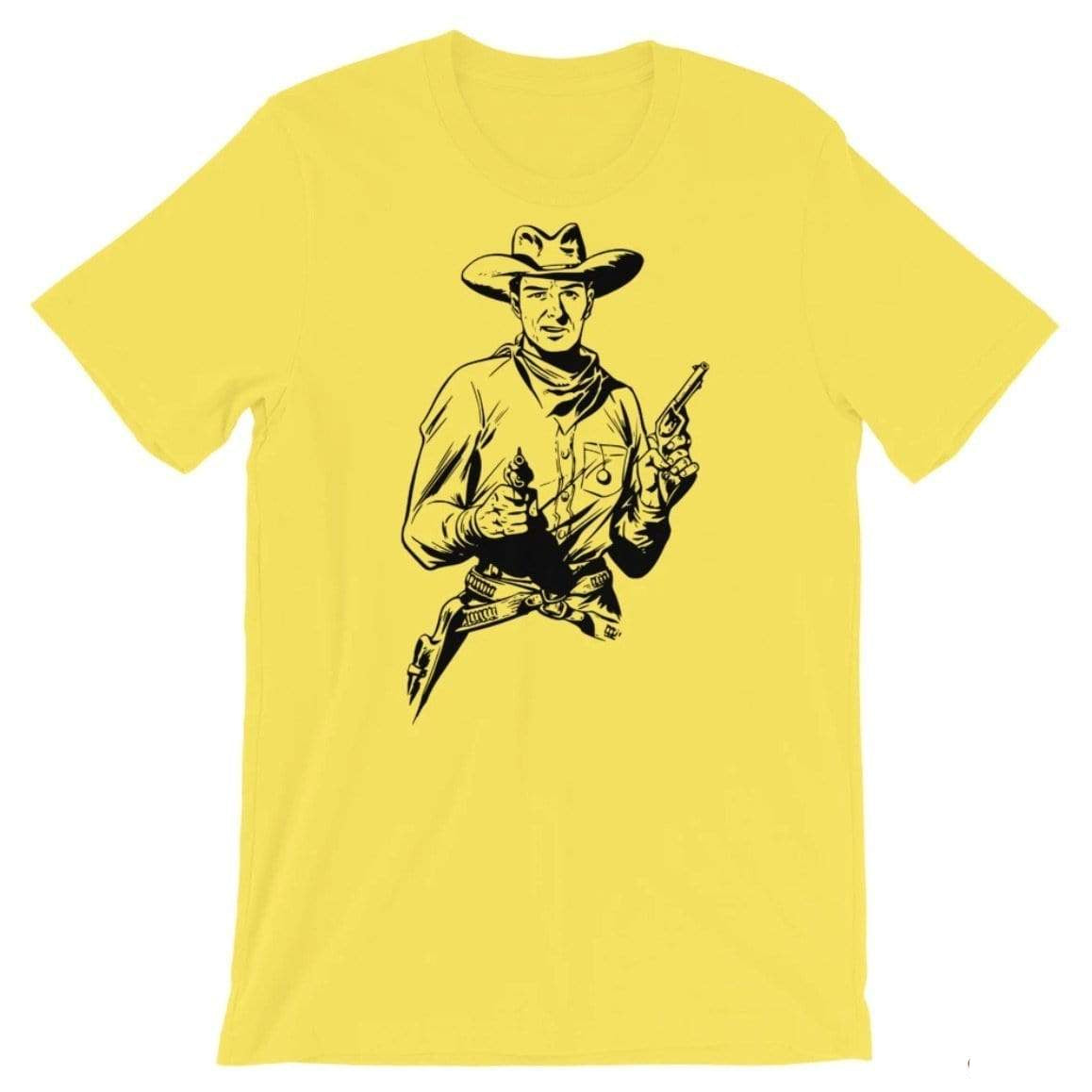 Yellow t-shirt with black cowboy print.
