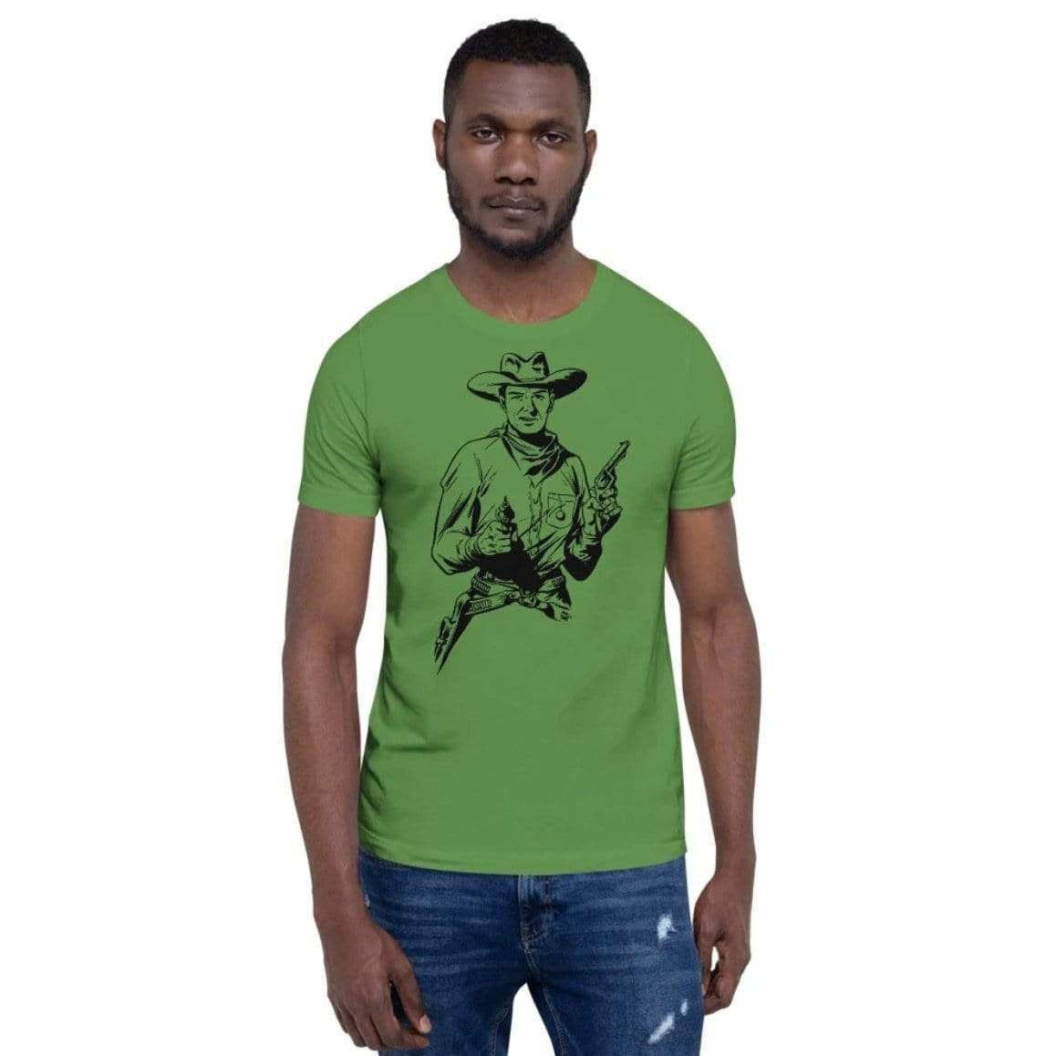 Man wearing a green t-shirt with a cowboy graphic and jeans.